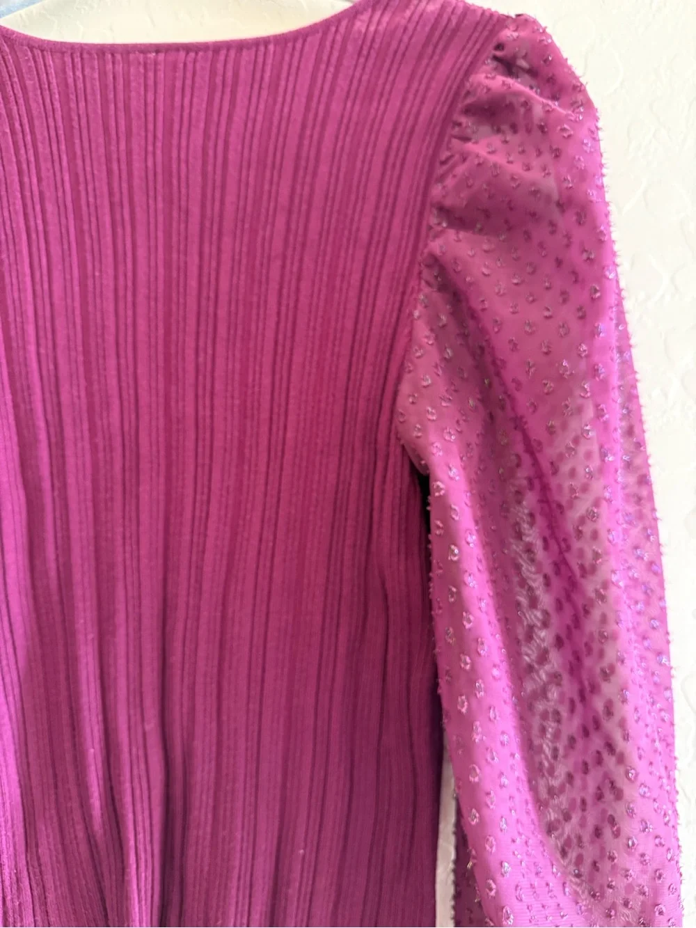 Anthropologie, medium, plum shimmer sweater top features a ribbed body